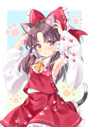 Rule 34 | 1girl, animal ears, arm up, armpits, blush, bow, brown hair, cat ears, cat tail, detached sleeves, dress, hair bow, hakurei reimu, long hair, mimi (mimi puru), open mouth, purple eyes, red bow, red dress, solo, tail, touhou, white sleeves
