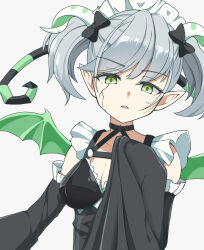 Rule 34 | 1girl, arianna the labrynth servant, black bow, black dress, bow, breasts, demon girl, detached sleeves, dress, duel monster, frills, green eyes, green wings, grey hair, hair bow, halterneck, hand up, highres, horns, kinuge, looking at viewer, maid headdress, medium breasts, pointy ears, short hair, simple background, sleeves past fingers, sleeves past wrists, solo, twintails, upper body, white background, wings, yu-gi-oh!