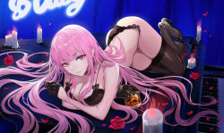 Rule 34 | 1girl, black bra, black footwear, black gloves, black panties, black thighhighs, bra, breasts, candle, commentary, flower, full body, gloves, half gloves, high heels, highres, hololive, hololive english, instrument, lace, lace-trimmed bra, lace-trimmed legwear, lace-trimmed panties, lace trim, large breasts, long hair, looking at viewer, lying, mori calliope, nr noir, on side, panties, parted lips, petals, piano, pink eyes, pink hair, red flower, red rose, rose, solo, thighhighs, underwear, underwear only, very long hair, virtual youtuber