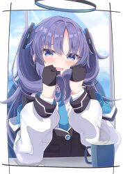 Rule 34 | 1girl, absurdres, black gloves, blue archive, blue eyes, blue necktie, cup, gloves, hair ornament, halo, highres, holding, holding own hair, indoors, jacket, kuronekootuta, long sleeves, mug, necktie, open mouth, purple hair, solo, steam, sweatdrop, two side up, upper body, window, yuuka (blue archive)
