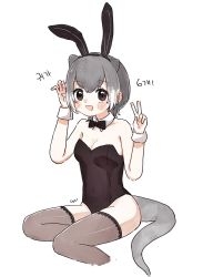 Rule 34 | 1girl, alternate costume, animal ears, bare shoulders, black bow, black bowtie, black leotard, bow, bowtie, collar, commentary request, detached collar, double v, extra ears, fake animal ears, grey hair, grey thighhighs, highres, kemono friends, korean commentary, leotard, multicolored hair, otter ears, otter girl, otter tail, playboy bunny, san sami, short hair, sleeveless, small-clawed otter (kemono friends), solo, tail, thighhighs, two-tone hair, v, white collar, white hair, zettai ryouiki