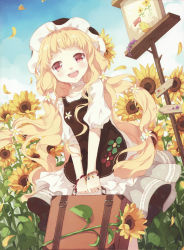 Rule 34 | 1girl, :d, absurdres, blonde hair, blue sky, blush, bracelet, choker, day, dress, dutch angle, flower, hat, highres, image sample, jewelry, long hair, looking at viewer, nyanya, open mouth, petals, red eyes, signpost, sky, smile, solo, suitcase, sunflower, v arms, wavy hair