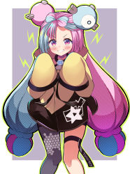 Rule 34 | 1girl, absurdres, black shorts, blush, border, character hair ornament, commentary request, creatures (company), efu (ehutan), game freak, green hair, grey background, grey pantyhose, grin, hair ornament, hands up, highres, iono (pokemon), jacket, knees, long hair, multicolored hair, nintendo, pantyhose, pink hair, pokemon, pokemon sv, purple eyes, shorts, single leg pantyhose, sleeves past fingers, sleeves past wrists, smile, solo, teeth, thigh strap, twintails, two-tone hair, white border, yellow jacket