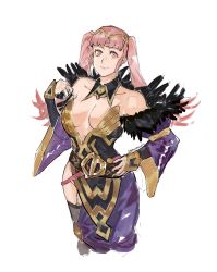 Rule 34 | 1girl, artist name, breasts, breasts apart, closed mouth, cosplay, dress, feather trim, female focus, fire emblem, fire emblem: three houses, fire emblem heroes, highres, hilda valentine goneril, large breasts, loki (fire emblem), loki (fire emblem) (cosplay), long hair, looking at viewer, matching hair/eyes, nintendo, pink eyes, pink hair, revealing clothes, simple background, smile, solo, tiara, twintails, white background, yourfreakyneighbourh