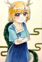 Rule 34 | 1girl, antlers, blonde hair, blue shirt, blue skirt, collarbone, commentary request, crossed arms, dragon girl, dragon horns, dragon tail, highres, horns, kicchou yachie, maa (forsythia1729), marker (medium), red eyes, shirt, short hair, short sleeves, skirt, tail, touhou, traditional media, turtle shell