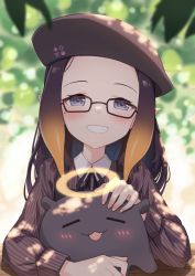 Rule 34 | 1girl, beret, black ribbon, blurry, blurry background, blush, brown shirt, commentary, creature, english commentary, fang, glasses, gradient hair, grin, halo, hat, highres, hololive, hololive english, long hair, long sleeves, looking at viewer, mole, mole under eye, multicolored hair, ninomae ina&#039;nis, ninomae ina&#039;nis (casual), official alternate costume, orange hair, petting, pointy ears, profnote, purple eyes, purple hair, ribbon, shirt, smile, solo, takodachi (ninomae ina&#039;nis), upper body, virtual youtuber