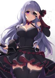 Rule 34 | 1girl, absurdres, arm guards, black dress, black ribbon, black sleeves, black thighhighs, blush, breasts, cleavage, closed mouth, collarbone, commentary request, covered navel, detached sleeves, dress, eyepatch, gradient background, grey background, hair between eyes, hair ribbon, hand up, highres, holding, long sleeves, looking at viewer, medium breasts, mizu (lzzrwi603), pleated dress, princess connect!, purple eyes, purple hair, ribbon, shizuru (magical girl) (princess connect!), shizuru (noire) (princess connect!), shizuru (princess connect!), smile, solo, thighhighs, white background