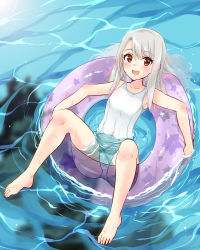 Rule 34 | 1girl, :d, absurdres, barefoot, blush, commentary request, covered navel, eyes visible through hair, fate/kaleid liner prisma illya, fate (series), feet, full body, heracles (fate), highres, illyasviel von einzbern, innertube, long hair, looking at viewer, one-piece swimsuit, open mouth, red eyes, sarfata, smile, solo, solo focus, star (symbol), star print, swim ring, swimsuit, toes, water, water drop, wet, white hair, white one-piece swimsuit