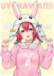 Rule 34 | 1girl, :d, animal hat, animal print, aqua eyes, blush, bow, braid, candy, food, frills, hair between eyes, hair ornament, hairclip, hat, heart, kurosawa ruby, lollipop, long sleeves, looking at viewer, love live!, love live! school idol festival, love live! sunshine!!, motion lines, moyui (myi 005), multicolored nails, nail polish, open mouth, pink bow, pink sweater, print sweater, purple ribbon, rabbit hat, rabbit print, ribbon, round teeth, short hair, smile, solo, star (symbol), sweater, tareme, teeth, twin braids, upper teeth only, w arms, white hat, yellow background, yellow bow