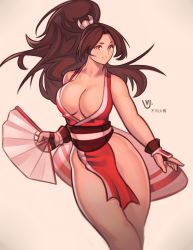 Rule 34 | 1girl, absurdres, bare arms, bare shoulders, blurry, breasts, brown eyes, brown hair, cleavage, fatal fury, gloves, hand fan, highres, japanese clothes, large breasts, legs, long hair, ponytail, shiranui mai, simple background, snk, solo, standing, tagme, the king of fighters, very long hair, white background