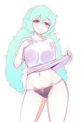 Rule 34 | 1girl, aqua hair, at-4 pani, black panties, blush, bow, bow panties, breasts, clothes lift, contrapposto, cowboy shot, curly hair, gluteal fold, grin, hair between eyes, hand on own chest, highres, last origin, lifted by self, long hair, looking at viewer, low twintails, manme, medium breasts, naughty face, panties, red eyes, shirt, shirt lift, short sleeves, simple background, smile, solo, standing, string panties, t-shirt, twintails, underwear, very long hair, white background, white shirt