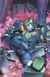 Rule 34 | 1boy, 1girl, blue eyes, comic cover, couple, glowing, glowing eyes, glyph (transformers), hand on another&#039;s chest, hand on another&#039;s thigh, helmet, horns, humanoid robot, jlawrence art, josh burcham, official art, robot, robot girl, science fiction, tap-out (transformers), the transformers (idw), transformers, yellow eyes