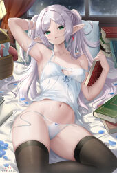 Rule 34 | 1girl, arm behind head, arm up, armpits, bare shoulders, book, breasts, brown thighhighs, camisole, collarbone, cyicheng, earrings, elf, frieren, green eyes, grey hair, jewelry, long hair, looking at viewer, navel, open mouth, panties, parted bangs, pillow, pointy ears, small breasts, solo, sousou no frieren, thighhighs, thighs, twintails, underwear, white camisole, white panties