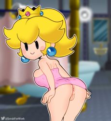 Rule 34 | 1girl, anus, arms at sides, artist name, bathtub, black eyes, blonde hair, blurry, blurry background, blush stickers, breasts, claw foot bathtub, cleft of venus, closed mouth, crown, earrings, eyelashes, from behind, highres, indoors, jewelry, leaning forward, looking at viewer, looking back, mario (series), medium breasts, medium hair, mirror, naked towel, nintendo, official alternate hairstyle, outline, paper mario, paper mario: the thousand year door, pink towel, princess peach, pussy, shoulder blades, shower curtain, sink, smile, solid eyes, solo, somescrub, standing, towel, uncensored, white outline