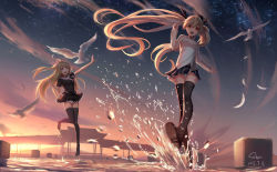 Rule 34 | 2girls, absurdres, arm up, bird, blonde hair, building, cloud, copyright request, feathers, floating hair, hair ornament, hair ribbon, highres, jumping, kicking, long sleeves, mountain, multiple girls, outdoors, panties, pantyshot, pleated skirt, purple eyes, red eyes, ribbon, school uniform, shon, signature, skirt, sky, splashing, star (sky), star (symbol), starry sky, sunset, thighhighs, twintails, underwear, upskirt, water, wet