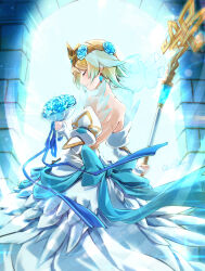 Rule 34 | 1girl, artist name, backless dress, backless outfit, blonde hair, blue hair, bouquet, bridal veil, clear glass (mildmild1311), closed eyes, closed mouth, commentary request, day, dress, earrings, feather trim, feathers, fire emblem, fire emblem heroes, fjorm (bridal) (fire emblem), fjorm (fire emblem), flower, gold trim, gradient hair, highres, holding, indoors, jewelry, multicolored hair, nintendo, ribbon, see-through, short hair, signature, simple background, skirt, smile, staff, tiara, two-tone hair, veil, wedding dress