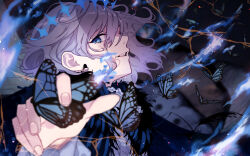 Rule 34 | 1boy, blue butterfly, blue eyes, blurry, blurry background, bug, butterfly, cape, collared shirt, crown, diamond hairband, fate/grand order, fate (series), fire, fur-trimmed cape, fur trim, grey hair, highres, insect, insect on finger, long sleeves, looking at viewer, male focus, medium hair, oberon (fate), oberon (third ascension) (fate), profile, shirt, smile, solo, upper body, w10yu1i118yw, white shirt