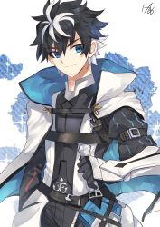 Rule 34 | 1boy, armor, black gloves, black hair, blue eyes, blue flower, cape, charlemagne (fate), closed mouth, commentary request, fate/extella, fate/extella link, fate/extra, fate (series), floral background, flower, gloves, hair between eyes, highres, holding, holding sword, holding weapon, joyeuse odre, joyeuse ordre (fate), looking at viewer, male focus, multicolored hair, nikame, puff and slash sleeves, puffy sleeves, sheath, sheathed, short hair, signature, smile, solo, spiked hair, sword, two-tone hair, weapon, white cape, white hair