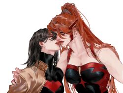 artemis_of_bana-mighdall bare_shoulders bat_signal batman_(series) batman_symbol black_hair bodysuit breasts cleavage couple dc_comics dtleavemealone genderswap genderswap_(mtf) grey_bodysuit highres imminent_kiss jacket jason_todd large_breasts long_hair multiple_girls muscular muscular_female red_hair red_hood_(dc) red_hood_and_the_outlaws short_hair superhero_costume two-tone_bodysuit very_long_hair yuri