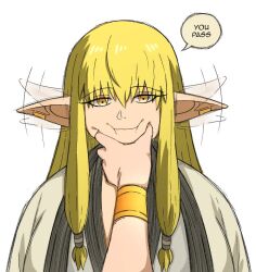 Rule 34 | 1girl, 1other, afterimage, basedlida, blonde hair, commentary, earrings, english commentary, english text, face grab, jewelry, long hair, low-tied sidelocks, meme, pointy ears, pov, pov cheek grabbing (meme), pov hands, serie (sousou no frieren), smile, solo, sousou no frieren, squeezing cheeks, yellow eyes