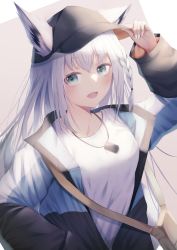 Rule 34 | 1girl, absurdres, adjusting clothes, adjusting headwear, animal ears, bag, blush, braid, commentary request, dog tags, ears through headwear, evaiyu, fox ears, fox girl, green eyes, hair between eyes, hand in pocket, hat, highres, hololive, jacket, long hair, looking at viewer, open clothes, open jacket, open mouth, peaked cap, shirakami fubuki, shirt, shoulder bag, sidelocks, simple background, single braid, solo, virtual youtuber, white background, white hair, white shirt