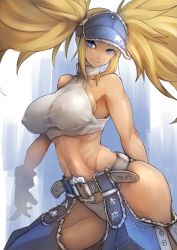 Rule 34 | 1girl, alternate costume, alternate hairstyle, arm behind back, bare shoulders, belt, big hair, blonde hair, blue eyes, blue mary, breasts, buckle, chaps, contrapposto, cowboy shot, crop top, curvy, dark skin, dark-skinned female, denim, covered erect nipples, floating hair, gloves, halterneck, halterneck, head tilt, highres, impossible clothes, impossible shirt, kof: maximum impact, large breasts, long hair, looking at viewer, maximum impact ii, midriff, muscular, panties, shirt, sideboob, sidelocks, smile, snk, solo, sowel (sk3), standing, star (symbol), taut clothes, the king of fighters, thighs, twintails, underboob, underwear, visor cap, white gloves, white panties, wide hips