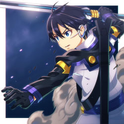 Rule 34 | 1boy, ahoge, augma, black gloves, black hair, blue eyes, gloves, highres, holding, holding sword, holding weapon, is ii, kirito, long sleeves, male focus, open mouth, solo, sword, sword art online, upper body, v-shaped eyebrows, weapon