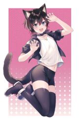 Rule 34 | 1girl, :d, androgynous, animal ears, bike shorts, black footwear, black hair, black jacket, black shorts, black thighhighs, cat ears, cat girl, cat tail, claw pose, collar, commission, e (eokiba), full body, jacket, multicolored hair, open clothes, open jacket, open mouth, original, red hair, shirt, short sleeves, shorts, skeb commission, smile, streaked hair, tail, thighhighs, two-tone hair, white shirt