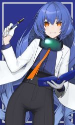 Rule 34 | 1girl, bad id, bad pixiv id, black pants, blue background, blue hair, blue shirt, blush, book, commentary request, copyright request, dress shirt, gloves, goggles, goggles around neck, hair between eyes, highres, holding, holding book, holding pen, lab coat, long hair, long sleeves, looking at viewer, mikoto (oi plus), nib pen (object), open book, open clothes, orange eyes, orange neckwear, pants, parted lips, pen, shirt, smile, solo, two-tone background, very long hair, white background, white gloves