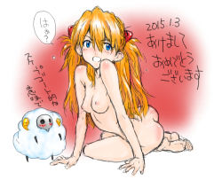Rule 34 | 1girl, 2015, animal costume, arm support, ass, barefoot, blue eyes, blush, breasts, brown hair, chibi, completely nude, dated, dbqp, full body, hair ornament, long hair, looking at another, looking at viewer, neon genesis evangelion, nipples, nude, sachiel (evangelion), sheep costume, shiny skin, simple background, small breasts, solo, souryuu asuka langley, thighs, toes, translation request, twintails