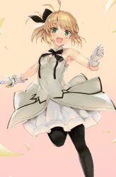 Rule 34 | 1girl, :d, artoria pendragon (all), artoria pendragon (fate), black bow, black bowtie, black pantyhose, blonde hair, blush, bow, bowtie, choker, fate/unlimited codes, fate (series), floating hair, gloves, green eyes, hair bow, highres, holding, holding sword, holding weapon, leaf, leg up, looking at viewer, miniskirt, nishin (nsn 0822), open mouth, pantyhose, pleated skirt, ponytail, saber lily, short hair, simple background, skirt, sleeveless, smile, solo, standing, standing on one leg, strapless, swept bangs, sword, weapon, white gloves, white skirt