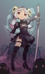 Rule 34 | 1girl, 2b (nier:automata), 2b (nier:automata) (cosplay), absurdres, bloody marie (skullgirls), blue background, boots, breasts, cleavage cutout, clothing cutout, cosplay, full body, ghost, gloves, grey hair, hair ornament, hairband, high heel boots, high heels, highres, juliet sleeves, long sleeves, nier:automata, nier (series), ojiskeleton, puffy sleeves, red eyes, skirt, skull hair ornament, skullgirls, small breasts, smile, solo, sword, thigh boots, thighlet, twintails, voice actor connection, weapon