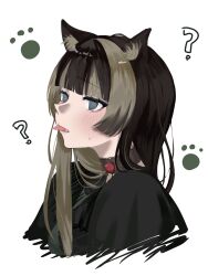 Rule 34 | 1girl, ?, @ @, animal ears, black choker, black dress, black hair, blue eyes, blunt bangs, blush, cat ears, cat girl, choker, dress, fang, gothic lolita, grey hair, hair over shoulder, highres, hololive, hololive dev is, juufuutei raden, lace, lace-trimmed choker, lace choker, lace trim, lolita fashion, long hair, multicolored hair, nnc kwii, paw print, sidelocks, simple background, solo, streaked hair, sweat, sweatdrop, two-tone hair, virtual youtuber, white background