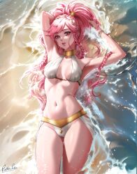 Rule 34 | 1girl, alternate costume, armpits, artist name, bikini, braid, breasts, cleavage, commentary, english commentary, esther shen, fire emblem, fire emblem awakening, harem outfit, lips, long hair, looking at viewer, lying, medium breasts, navel, nintendo, olivia (fire emblem), parted lips, partially submerged, pink eyes, pink hair, pink lips, ponytail, solo, stomach, swimsuit, twin braids, very long hair, water, wet, white bikini