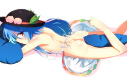 Rule 34 | 1girl, apron, ass, back, barefoot, between thighs, blue hair, blush, female focus, food, fruit, hat, hinanawi tenshi, homura subaru, long hair, looking at viewer, looking back, lying, naked apron, on stomach, peach, pillow, red eyes, shoulder blades, solo, touhou