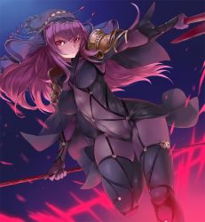 Rule 34 | 1girl, armor, ceda (dace), dual wielding, eyelashes, fate/grand order, fate (series), gae bolg (fate), holding, navel, polearm, purple hair, red eyes, scathach (fate), scathach (fate), see-through, shoulder armor, skin tight, skindentation, solo, pauldrons, spear, standing, standing on one leg, thighhighs, tsurime, veil, weapon