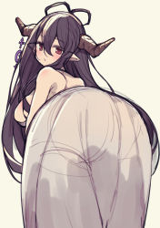 Rule 34 | 1girl, ass, ass focus, bandaged arm, bandages, bare shoulders, black hair, blush, breasts, commentary request, corset, crescent, danua, draph, dress, gloves, granblue fantasy, hair between eyes, highres, horn ornament, horns, large breasts, leaning forward, long hair, looking at viewer, parted lips, pointy ears, red eyes, sepia background, shiroie mika, sidelocks, simple background, sleeveless, sleeveless dress, solo, standing, straight hair, very long hair, white dress