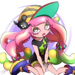 Rule 34 | 1girl, baseball cap, between legs, black shirt, bracelet, clownfish, colored eyelashes, drooling, fish, frown, gradient hair, green eyes, green hair, green skirt, hand between legs, harmony&#039;s clownfish (splatoon), harmony (splatoon), hat, highres, jewelry, long hair, low twintails, miniskirt, multicolored footwear, multicolored hair, nintendo, no eyebrows, no nose, open mouth, orange hair, oversized clothes, oversized shirt, pink hair, pink pupils, shirt, shoes, short sleeves, sitting, skirt, sneakers, solo, splatoon (series), splatoon 3, striped clothes, striped headwear, takobe, tentacle hair, tropical fish, twintails, v arms