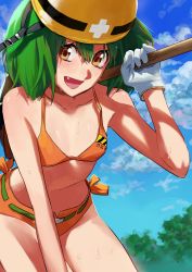 Rule 34 | 1girl, :d, absurdres, bra, breasts, brown eyes, collarbone, fang, gloves, green hair, helmet, highres, holding, leaning forward, long hair, looking at viewer, macross, macross frontier, macross frontier: itsuwari no utahime, micro shorts, open mouth, orange bra, orange shorts, pote-mm, ranka lee, shiny skin, shorts, small breasts, smile, solo, strap gap, sweat, underwear, white gloves