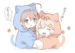 Rule 34 | 2girls, ahoge, animal costume, animal ears, blonde hair, blue eyes, blush, brown hair, cat costume, cat day, cat ears, cat tail, closed mouth, closed eyes, hair between eyes, kantai collection, long hair, long sleeves, multiple girls, open mouth, paw print, shakemi (sake mgmgmg), shigure (kancolle), shigure kai ni (kancolle), simple background, smile, tail, thought bubble, translation request, white background, yuudachi (kancolle), yuudachi kai ni (kancolle)
