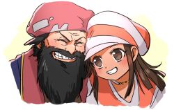 Rule 34 | 1boy, 1girl, arc the lad, beard, black hair, brown eyes, brown hair, chongora (arc the lad), clenched teeth, closed eyes, facial hair, large hat, long hair, over wassyoi, simple background, smile, teeth, white background