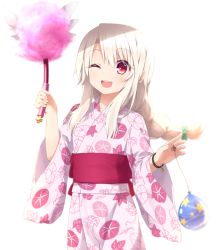 Rule 34 | 1girl, ;d, alternate hairstyle, blonde hair, blush, braid, cotton candy, fate/kaleid liner prisma illya, fate/stay night, fate (series), goribote, illyasviel von einzbern, japanese clothes, kimono, long hair, looking at viewer, official alternate costume, one eye closed, open mouth, red eyes, sash, simple background, single braid, smile, solo, yukata