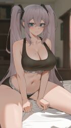 Rule 34 | 1girl, absurdres, annoyed, azur lane, bare shoulders, bedroom, blue eyes, breasts, calvin klein, cleavage, closed eyes, commission, commissioner upload, frown, grey hair, hair ornament, highres, intrepid (azur lane), jewelry, large breasts, long hair, looking at viewer, mole, mole on breast, navel, non-web source, nvl, on bed, pout, ring, twintails, underwear, underwear only, wedding ring