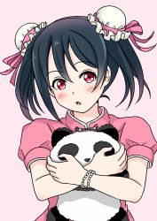 Rule 34 | 1girl, :o, artist name, artist request, black hair, blush, bow, bracelet, china dress, chinese clothes, collared dress, crossed arms, double bun, dress, female focus, floral print, flower print, hair bow, hair bun, hair ribbon, highres, holding, holding stuffed toy, jewelry, looking at viewer, love live!, love live! school idol festival, love live! school idol project, miro (miro557), parted lips, pink dress, pink ribbon, puffy short sleeves, puffy sleeves, red eyes, ribbon, short hair, short sleeves, smile, solo, stuffed animal, stuffed panda, stuffed toy, twintails, white background, yazawa nico