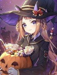 Rule 34 | 1girl, absurdres, animal ear headwear, bow, brown hair, candy, commentary, fake animal ears, food, gloves, hair rings, hat, hat bow, highres, holding pumpkin, holding vegetable, horse girl, jack-o&#039;-lantern, lollipop, long hair, long sleeves, looking at viewer, necktie, pumpkin, purple eyes, shino sto, smile, solo, sweep tosho (umamusume), swirl lollipop, umamusume, upper body, white gloves, witch hat