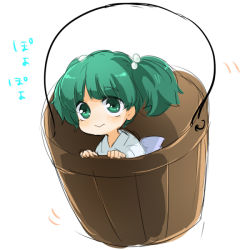 Rule 34 | 1girl, :&gt;, bucket, female focus, green eyes, green hair, hair bobbles, hair ornament, in bucket, in container, kisume, looking up, machiko (beard), matching hair/eyes, no nose, solo, touhou, white background