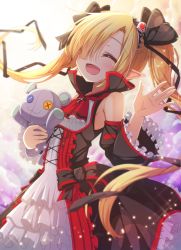 Rule 34 | armpit cutout, bare shoulders, blonde hair, blush, clothing cutout, closed eyes, hair over one eye, highres, lolita fashion, long hair, open mouth, pointy ears, smile, stuffed toy, twintails