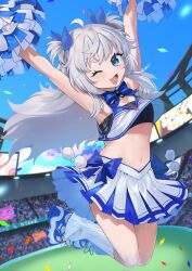 Rule 34 | 1girl, :d, alisame, black sports bra, blue bow, blue bowtie, blue eyes, blue ribbon, blue skirt, bow, bowtie, breasts, cheerleader, crop top, goddess of victory: nikke, hair ribbon, highres, jumping, long hair, navel, official alternate costume, one eye closed, open mouth, poli (cheer up police) (nikke), poli (nikke), pom pom (cheerleading), ribbon, shoes, short twintails, sidelocks, skirt, small breasts, smile, sneakers, socks, sports bra, stadium, twintails, two-tone skirt, very long hair, wavy hair, white hair, white skirt, white socks