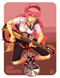 Rule 34 | 1girl, blue eyes, breasts, cleavage, glasses, guitar, headphones, instrument, long hair, medium breasts, megurine luka, mouth hold, necktie, pink hair, plectrum, sandals, solo, twintails, vocaloid, yakult, yuuji (and)