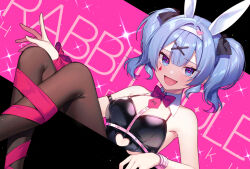 Rule 34 | 1girl, :d, animal ears, bare shoulders, black leotard, black ribbon, blue eyes, blue hair, bow, bowtie, brown pantyhose, clothing cutout, commentary request, english text, fake animal ears, feet out of frame, hair ornament, hatsune miku, heart, heart cutout, heart hair ornament, jenevan, leotard, long hair, looking at viewer, open mouth, pantyhose, pink bow, pink bowtie, pink pupils, pink ribbon, playboy bunny, rabbit ears, rabbit hole (vocaloid), ribbon, smile, solo, stomach cutout, teardrop facial mark, twintails, vocaloid, x hair ornament